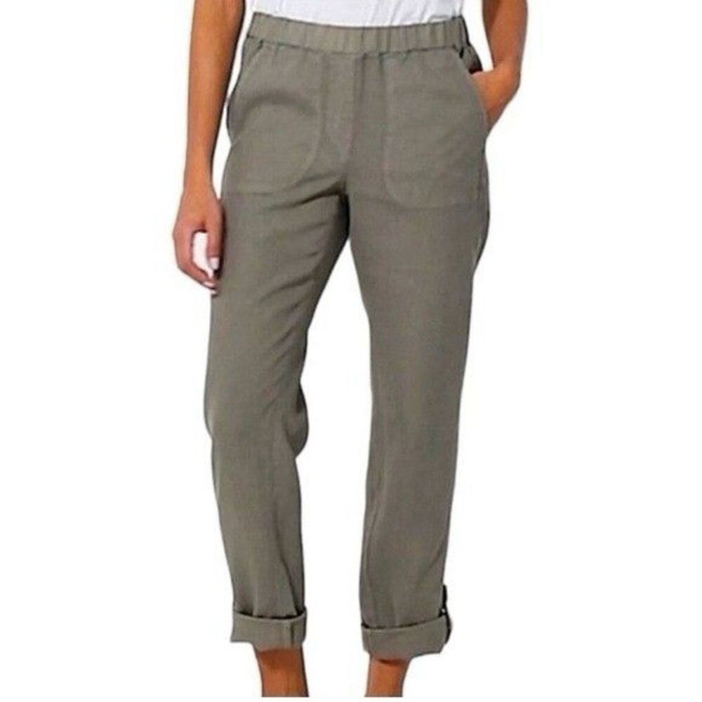 J. Jill Pure Size XS Garment Dyed 100% Linen Pants Green Roll Tab Minimal Boho